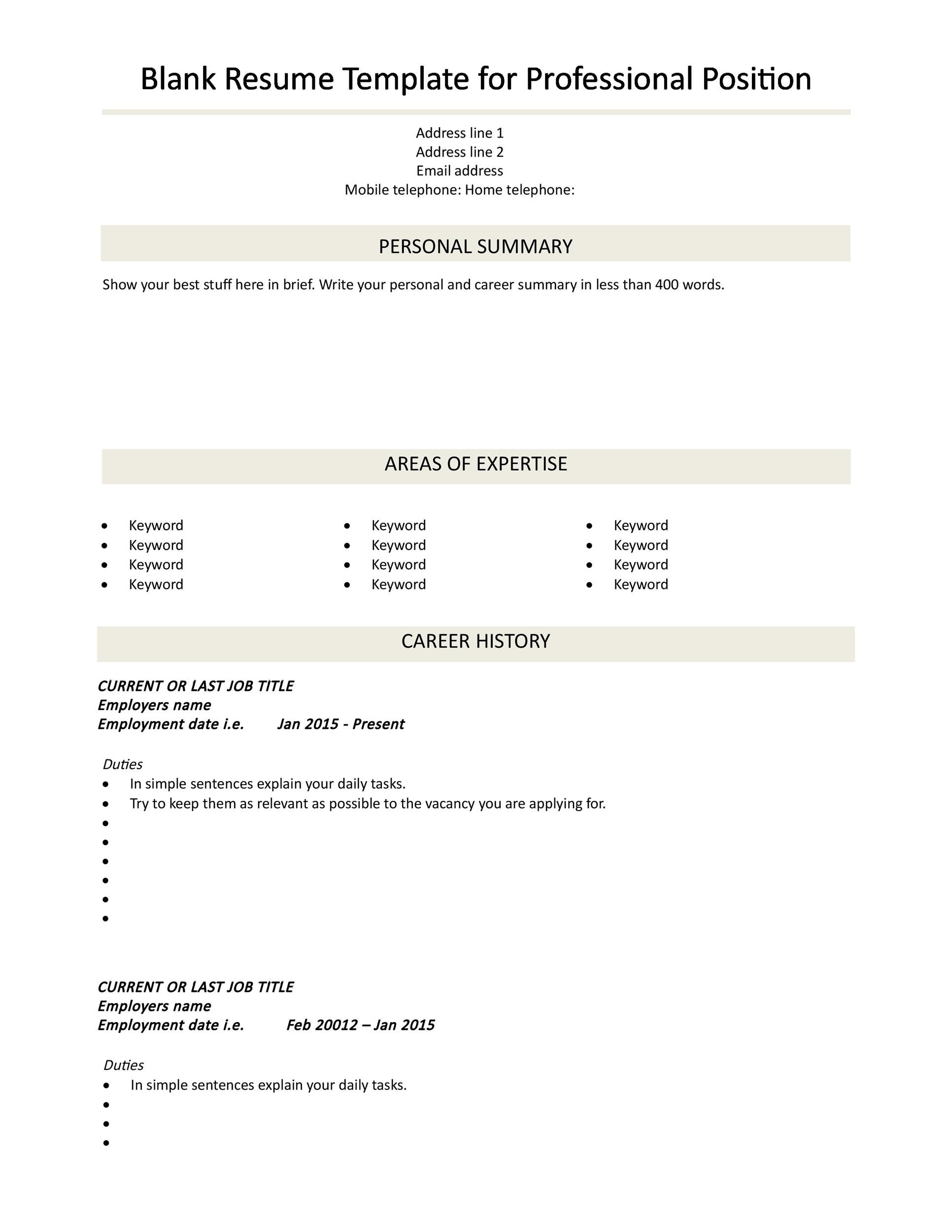 Printable Downloadable Blank Resume Template