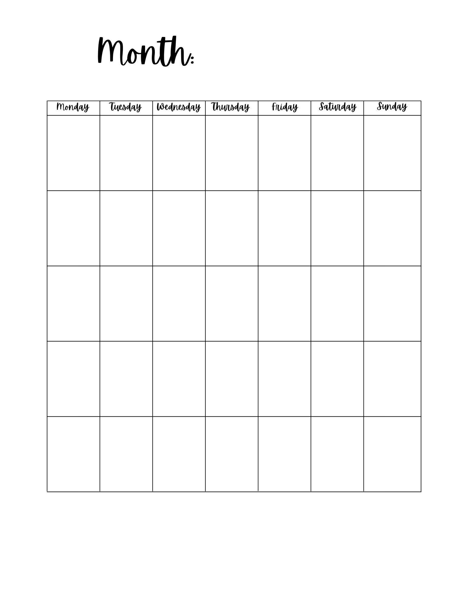 Blank Calendar Template 8 5 X 11 Inches Vertical Printable Calendar Page PDF Printable Instant Download Etsy