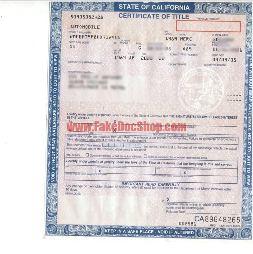 California Car Title Template Fakedocshop