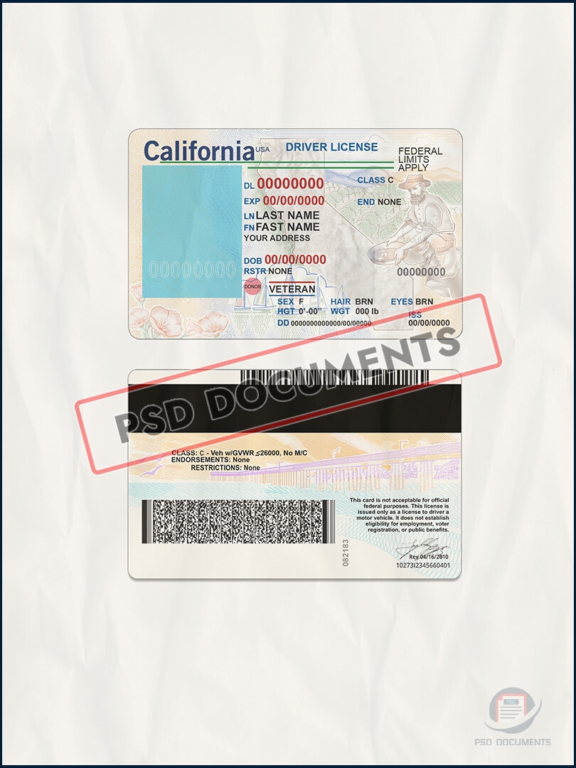California Driving License Template V1 PSD Documents
