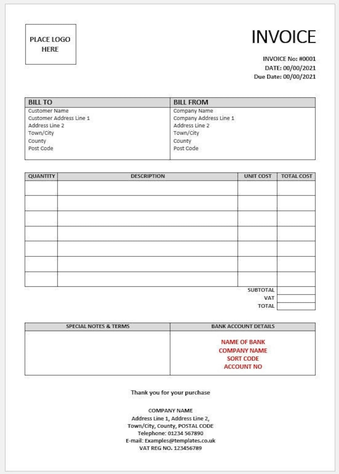 Downloadable Invoice Template For Business Use On Microsoft Word Printable Simple Easy Invoice Template Design Etsy UK