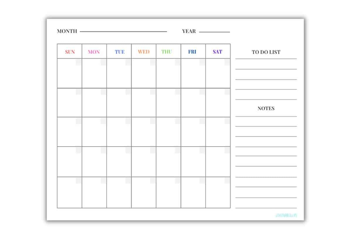 Printable Blank Monthly Calendar Template