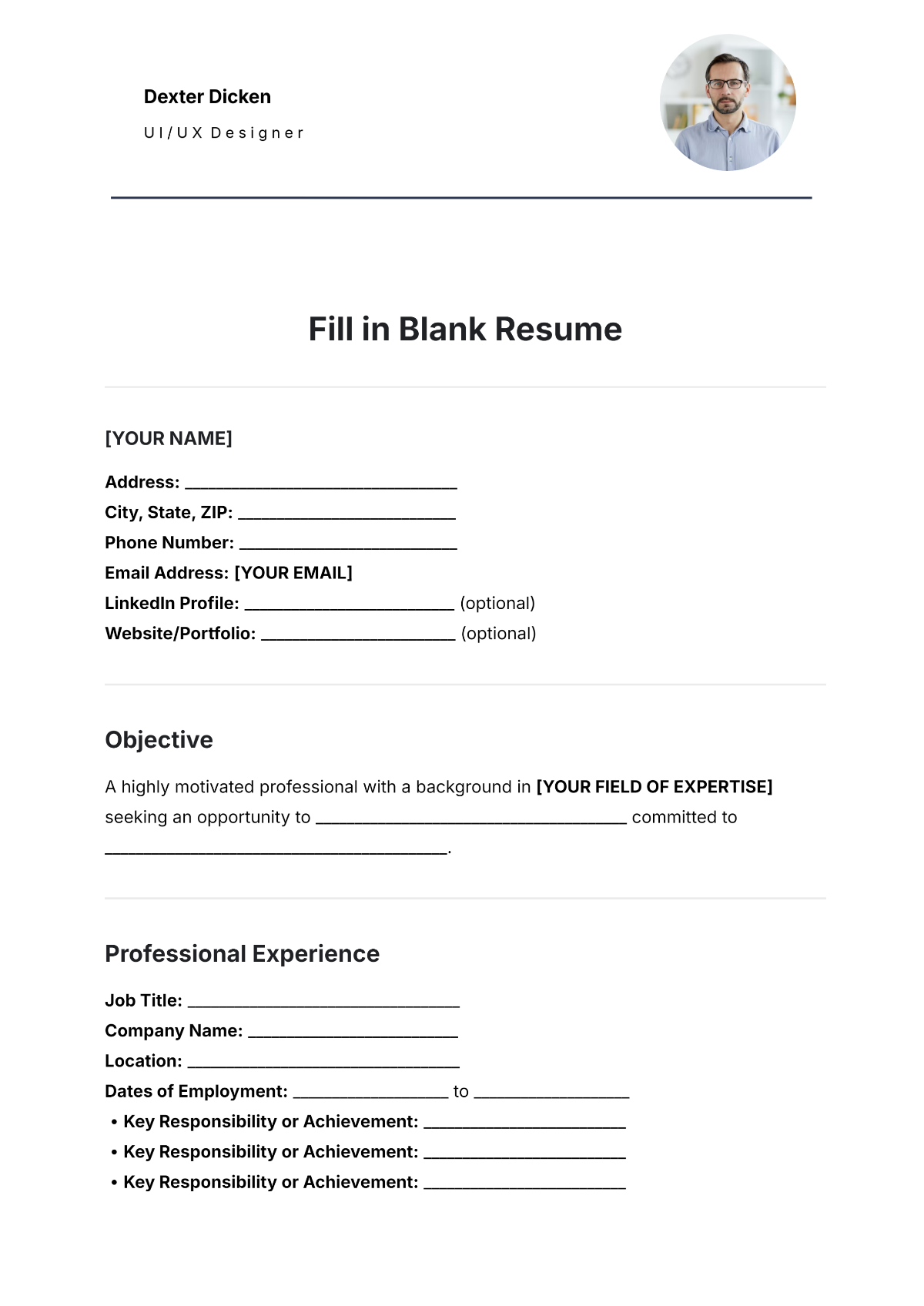 Printable Fillable Blank Resume Template