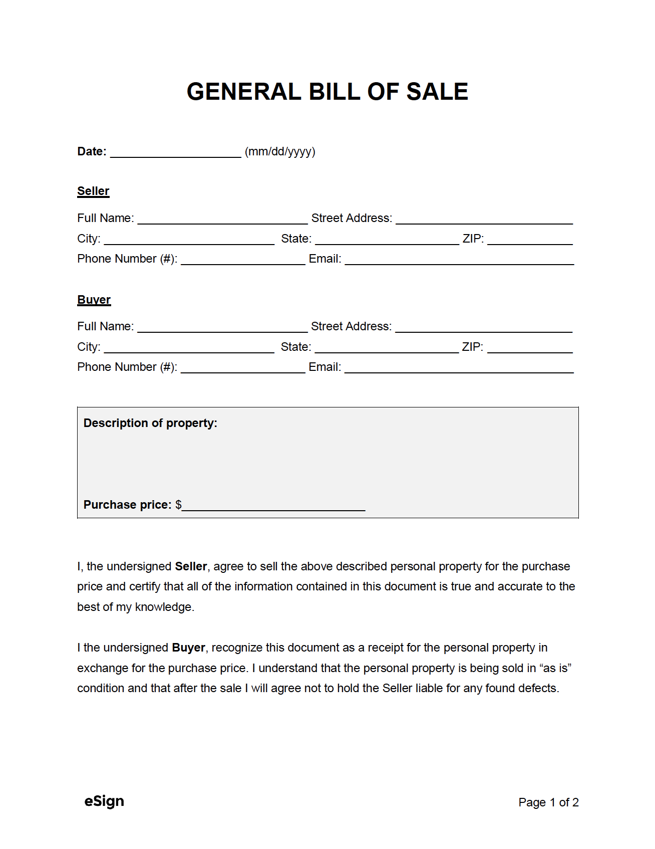Free Printable Blank Bill Of Sale Template