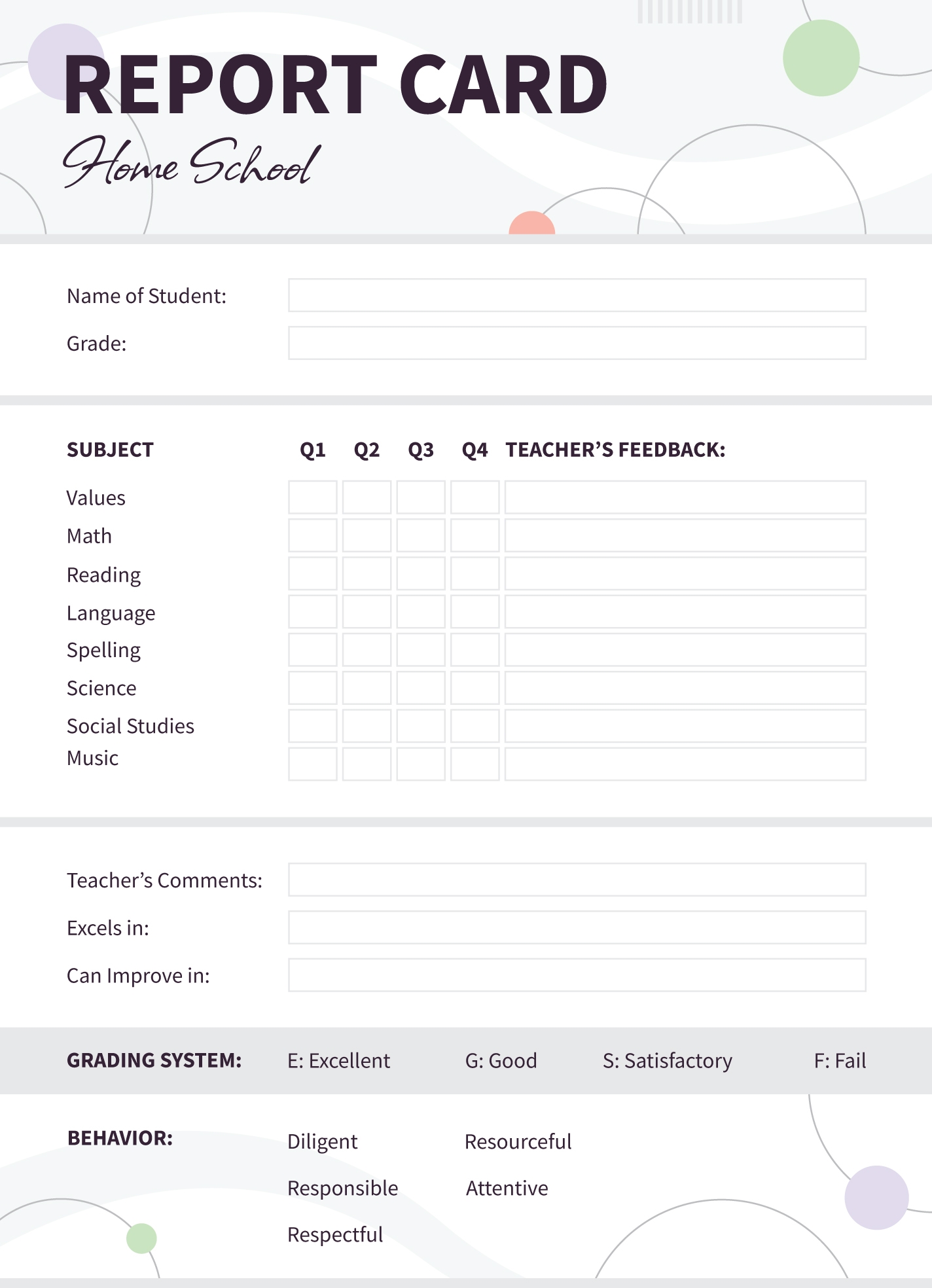 Printable Blank Report Card Template