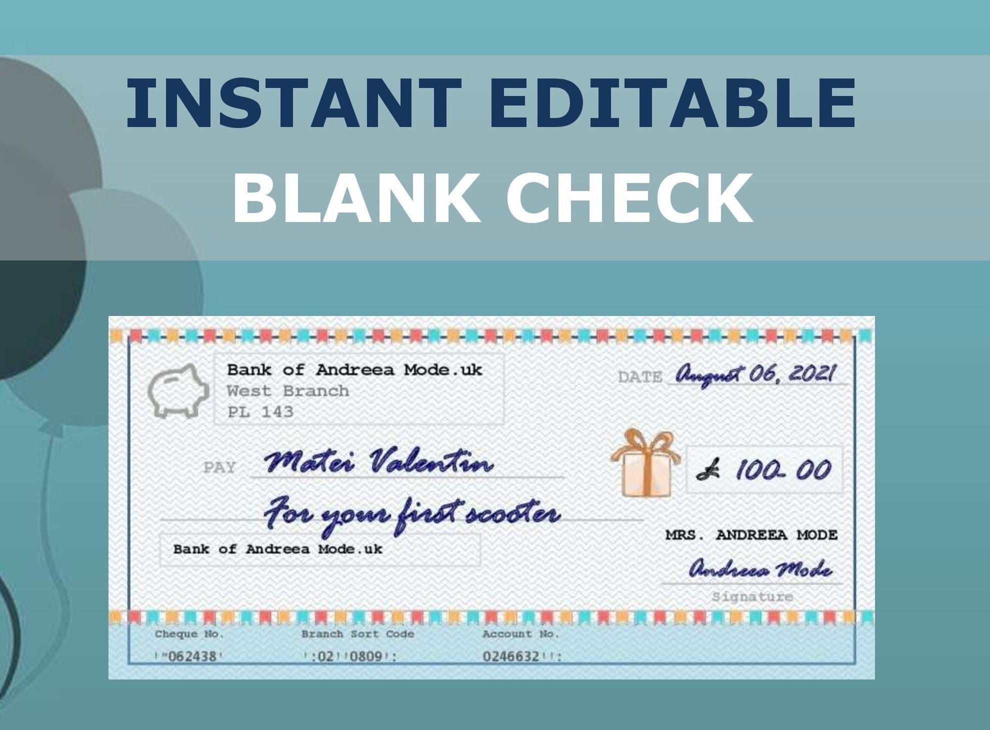 Fake Downloadable Printable Fillable Blank Check Template