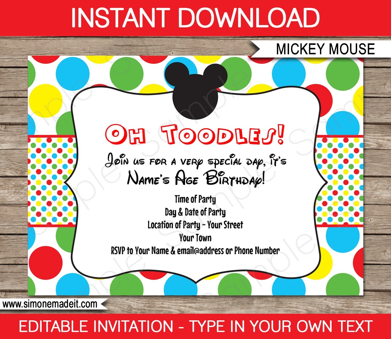 Mickey Mouse Invitation Template Printable Birthday Party Invite INSTANT DOWNLOAD With EDITABLE Text You Personalize At Home Etsy