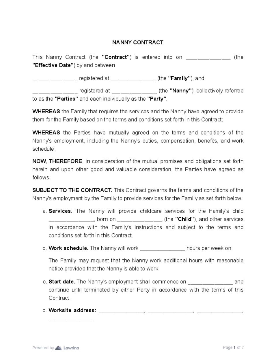 Nanny Contract Template Download PDF Lawrina