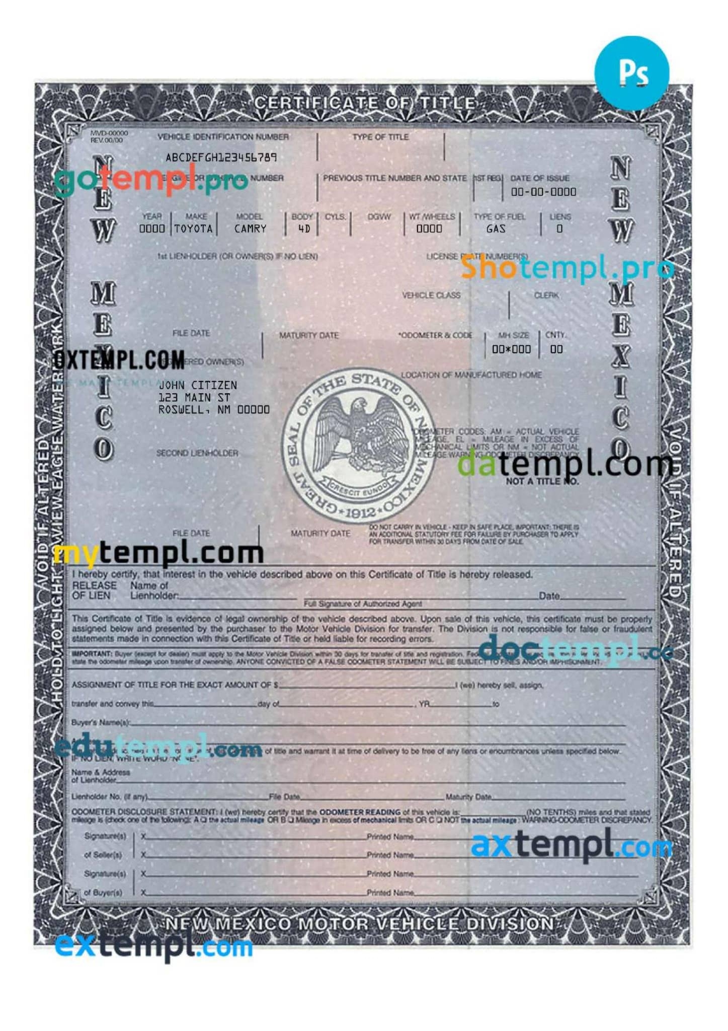 New Mexico Certificate Of Title Of A Vehicle car Title Template In PSD Format Fully Editable By Axtempl2 Issuu