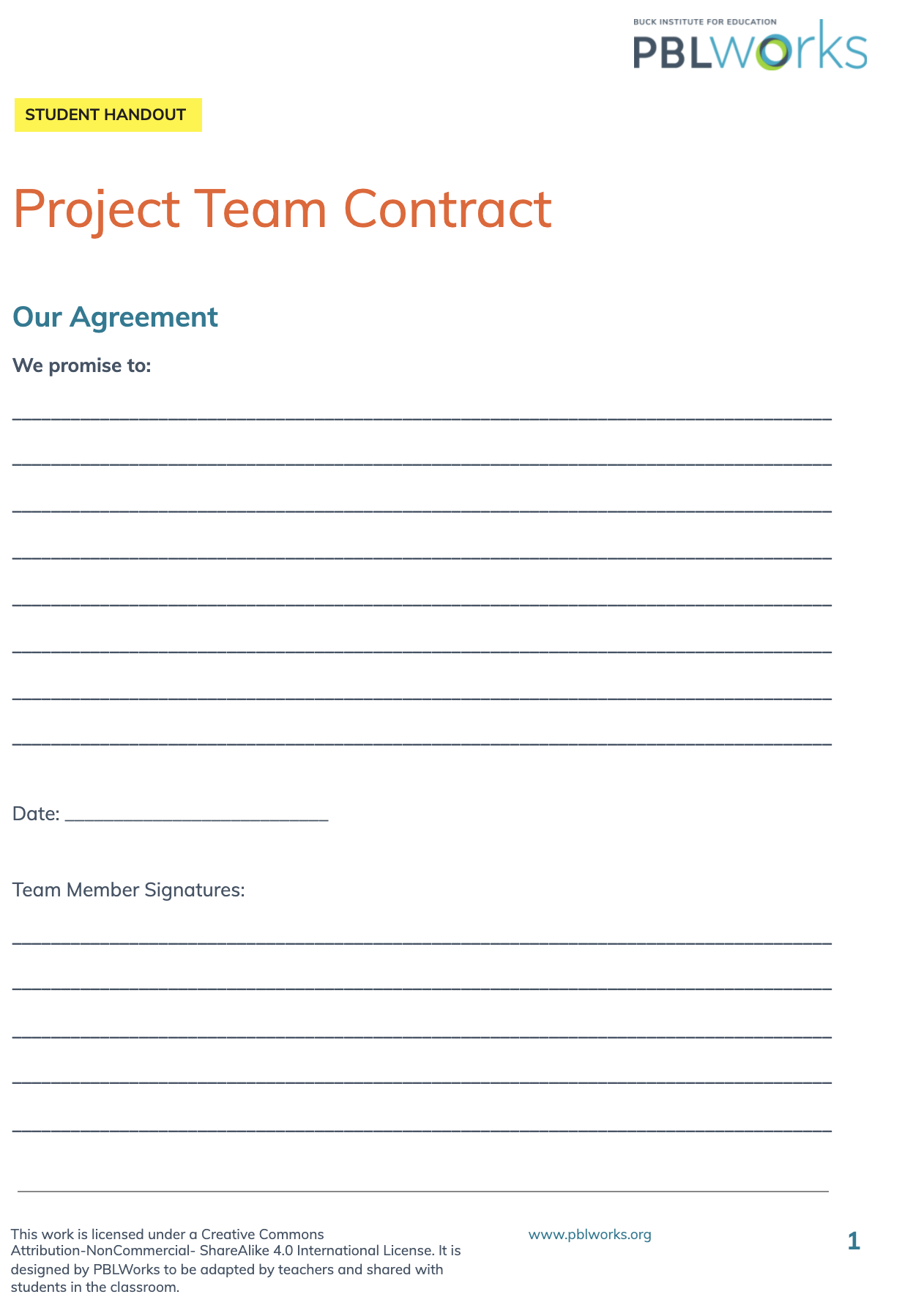 Project Team Contract Template MyPBLWorks