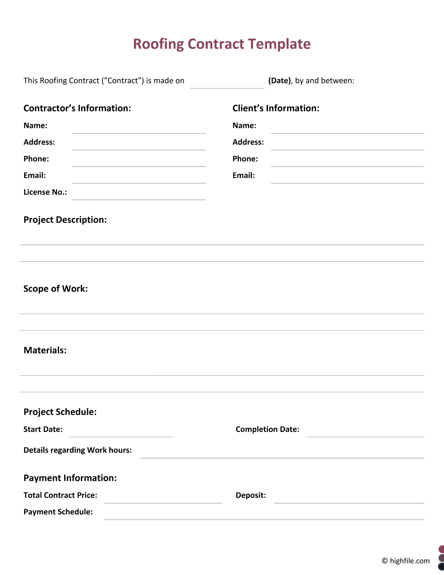Fill In Blank Printable Roofing Contract Template