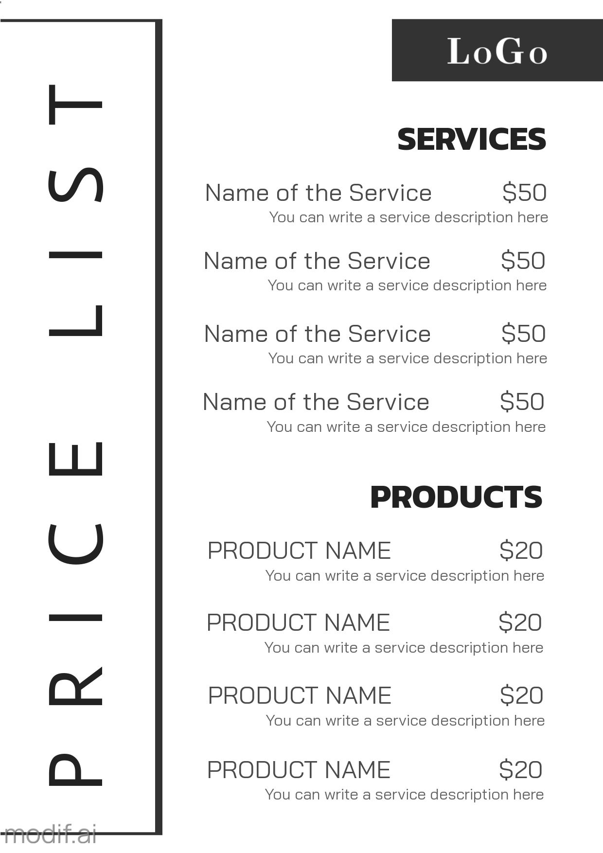Universal Price List Template Mediamodifier