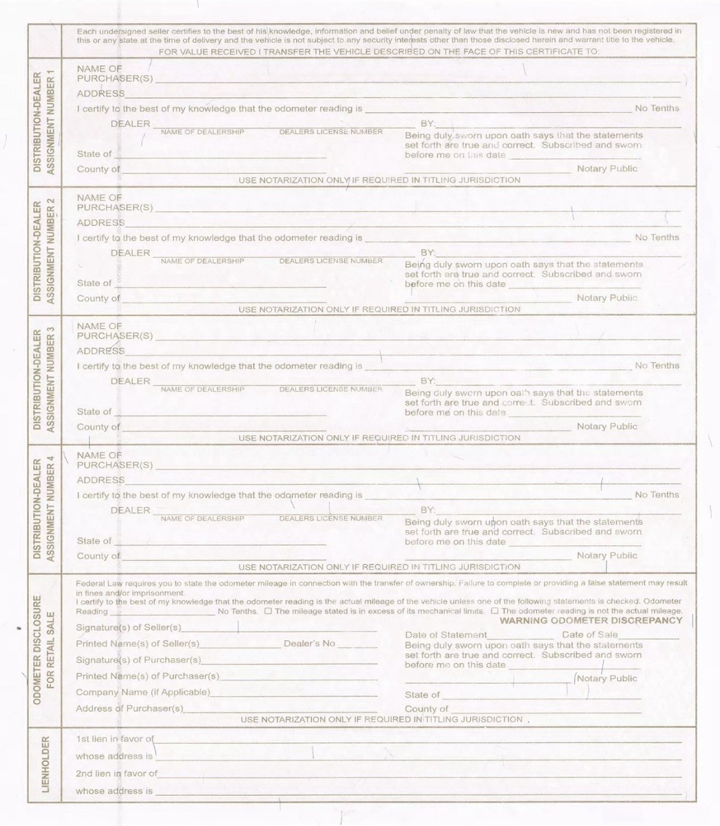 10 BLANK Certificate Of Origin MSO MCO Form Bikes Trikes Trailers Dune Buggies EBay