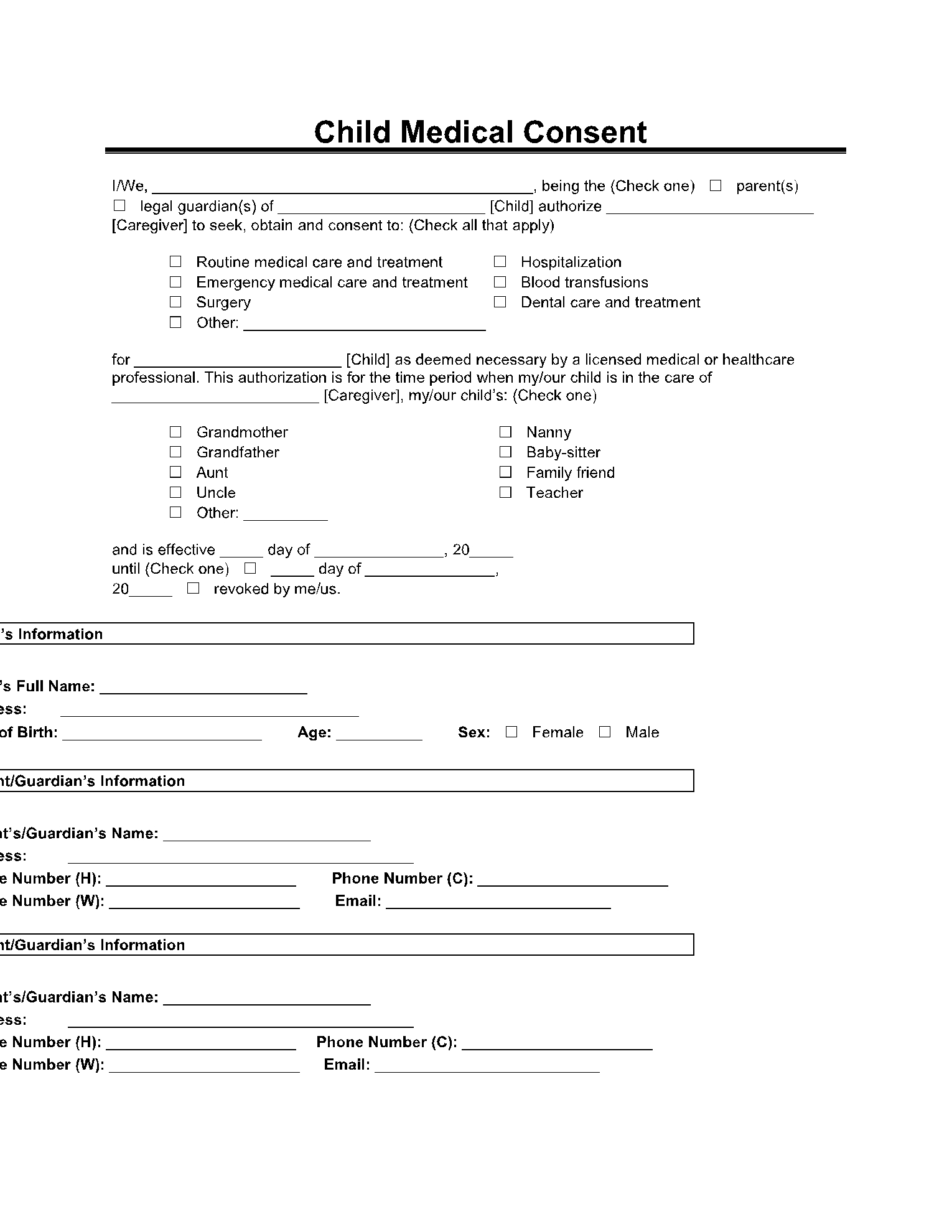 Blank Printable Medical Release Form