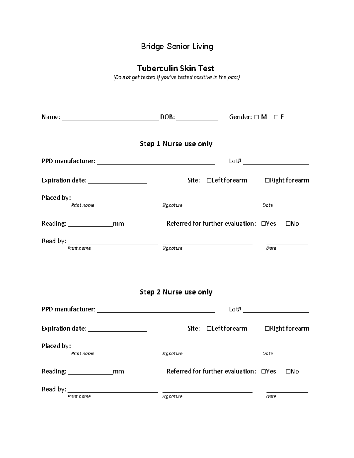 2 Step Mantoux Placement TB FORM Bridge Senior Living Tuberculin Skin Test Do Not Get Tested If Studocu