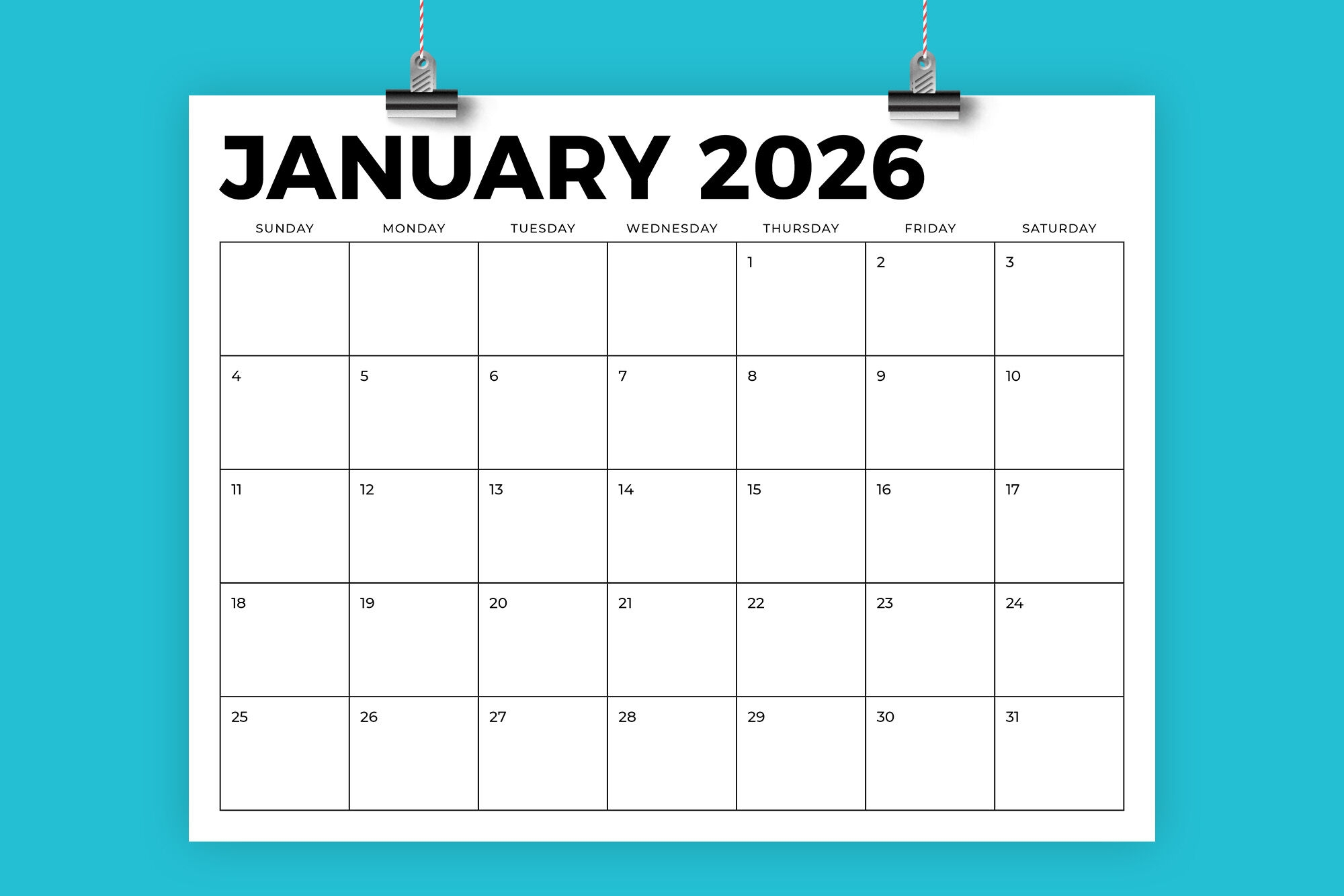 Blank Continuous 2026 Monthly Calendar Printable
