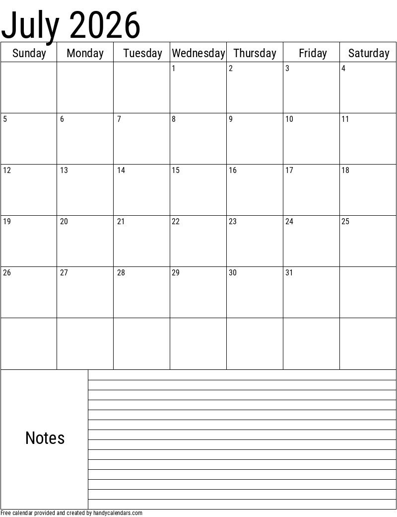 2026 July Calendars Handy Calendars