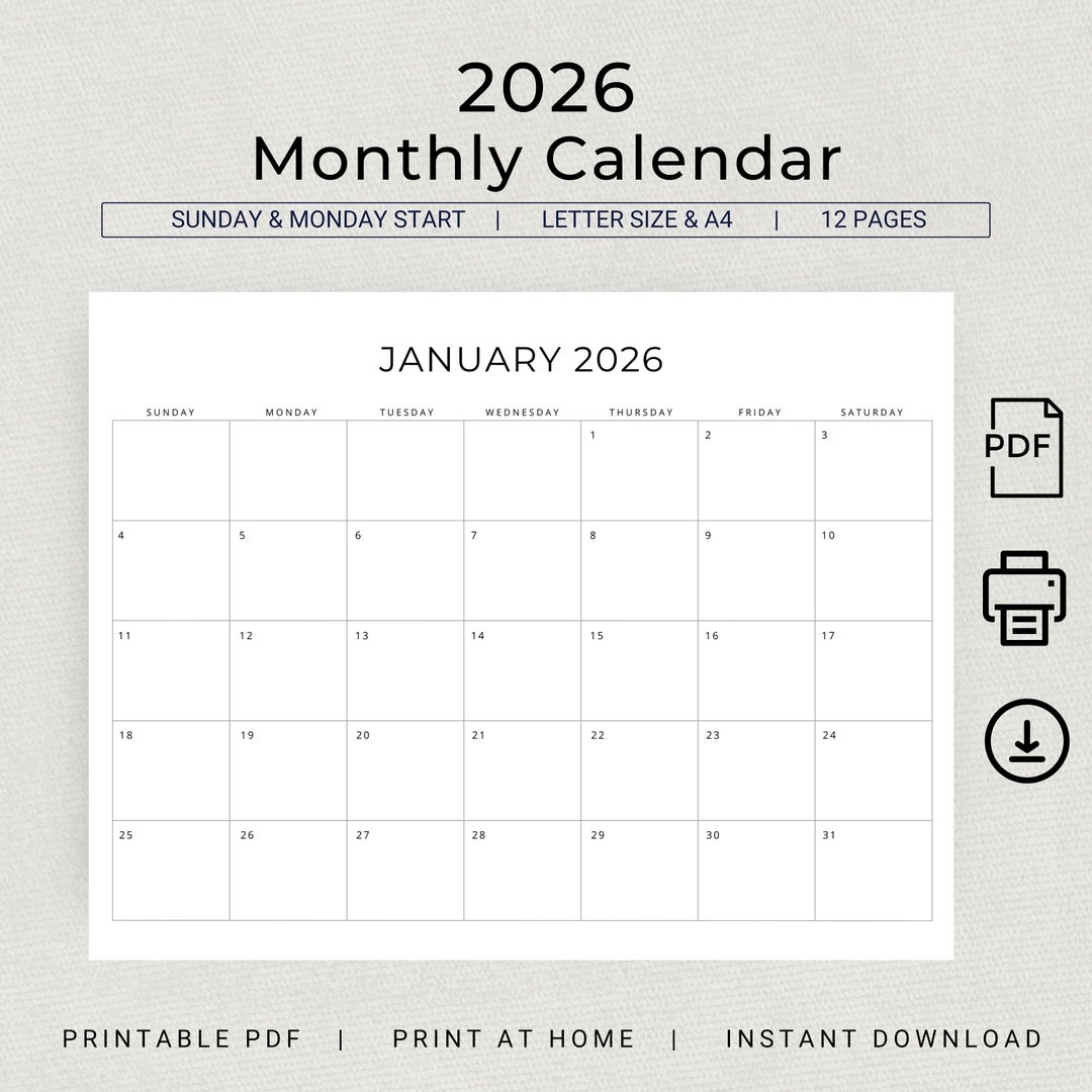 Printable Blank Calendar Monthly 2026