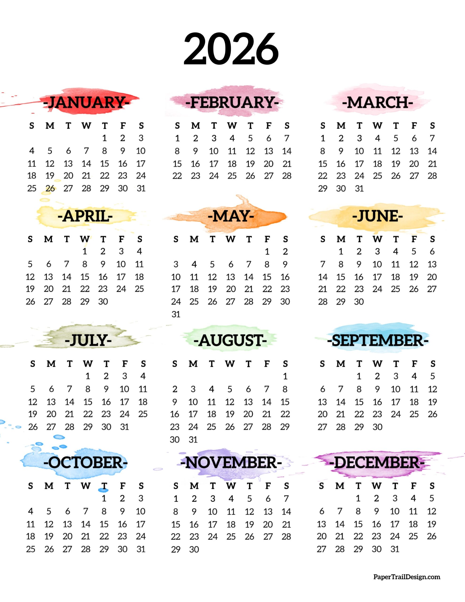 Blank Year Calendar 2026 Printable