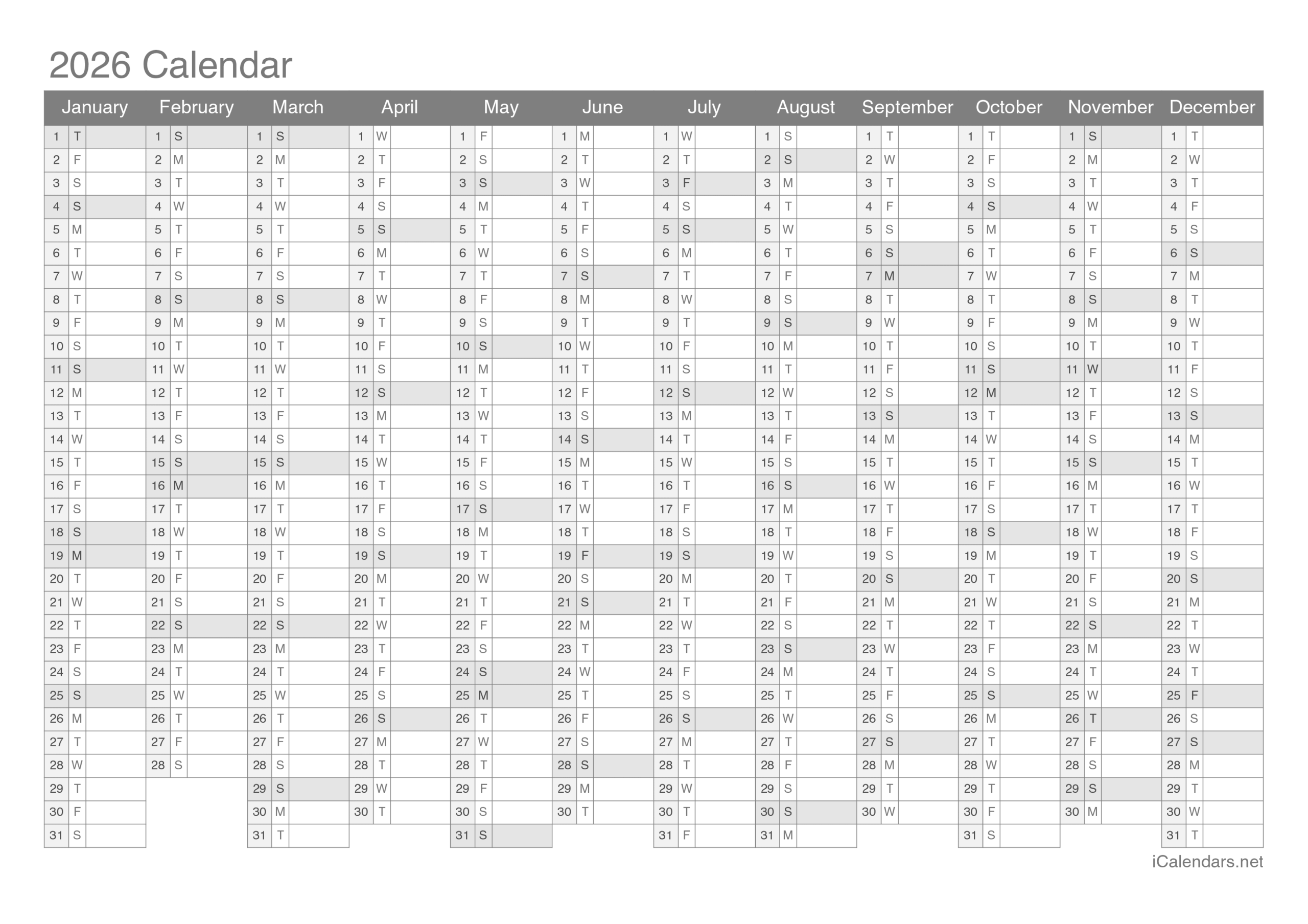 Blank 2026 Calendar Printable