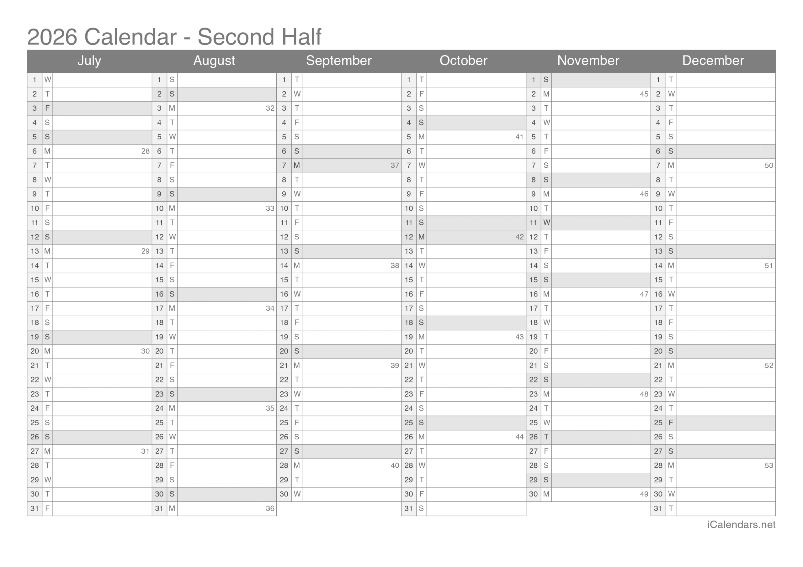 Blank Calendar Pages 2026 Yearly Printable