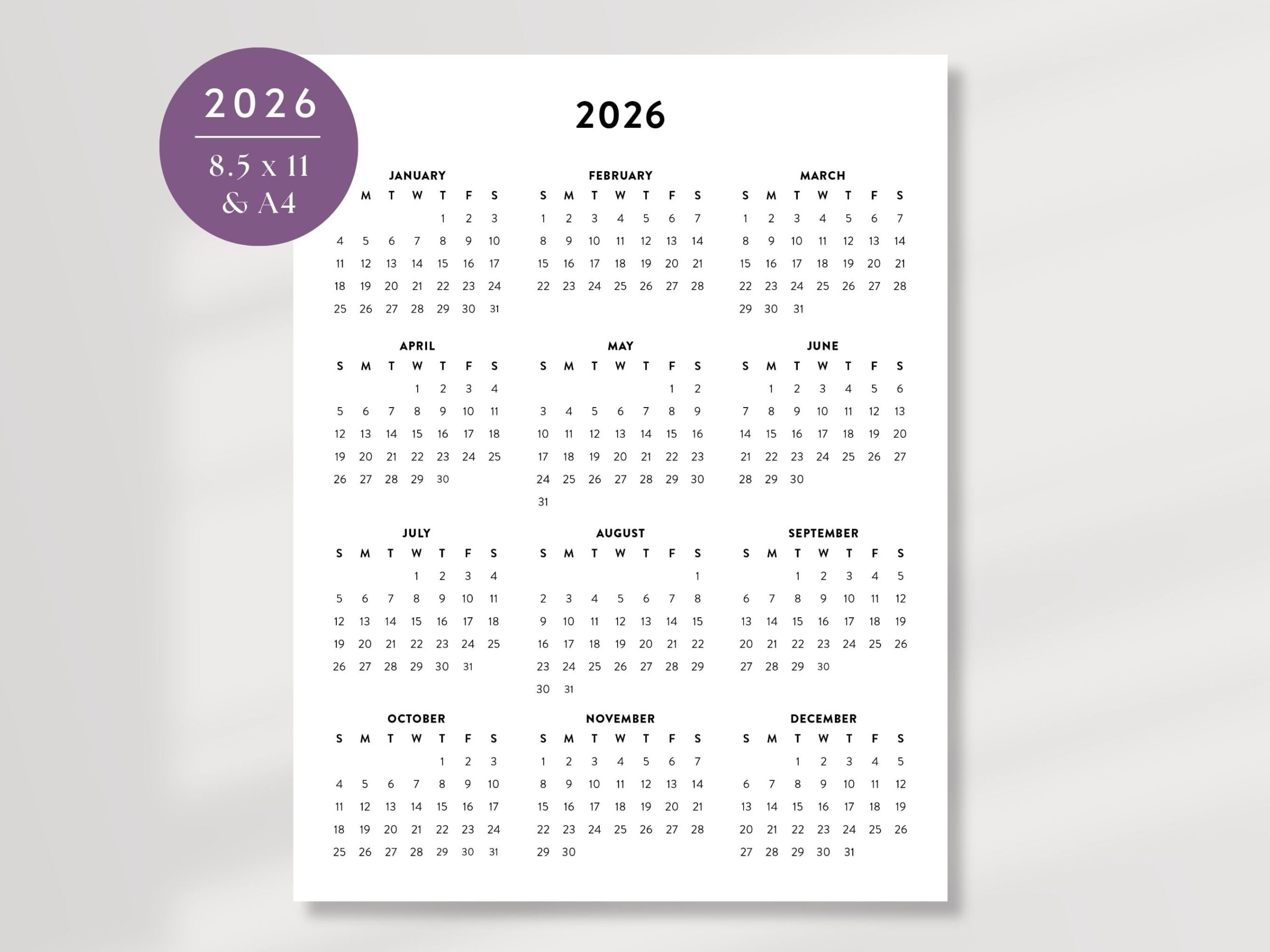 Blank Printable Cute Calendar 2026