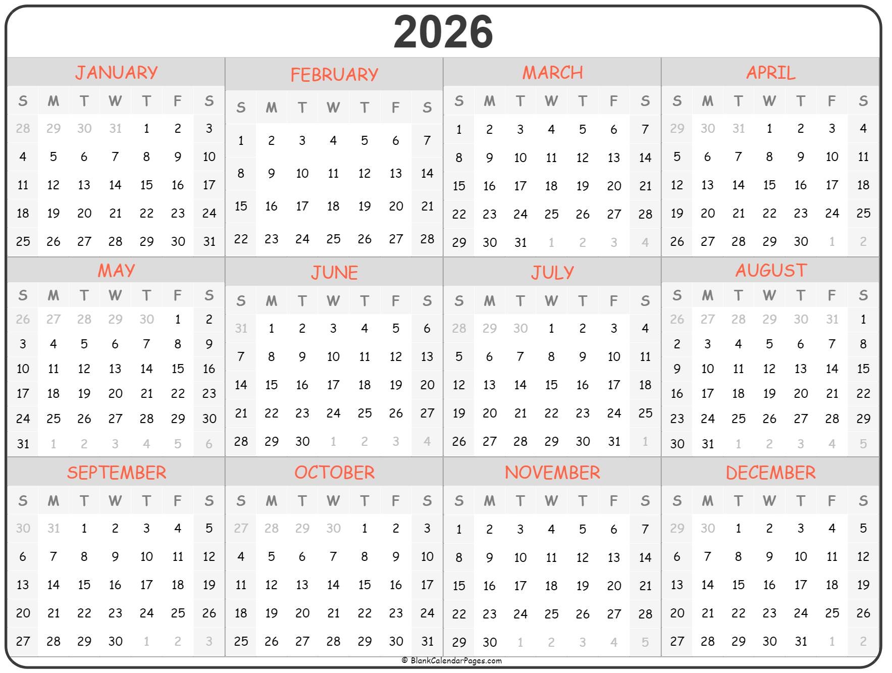 Free Blank Free Printable Calendar 2026