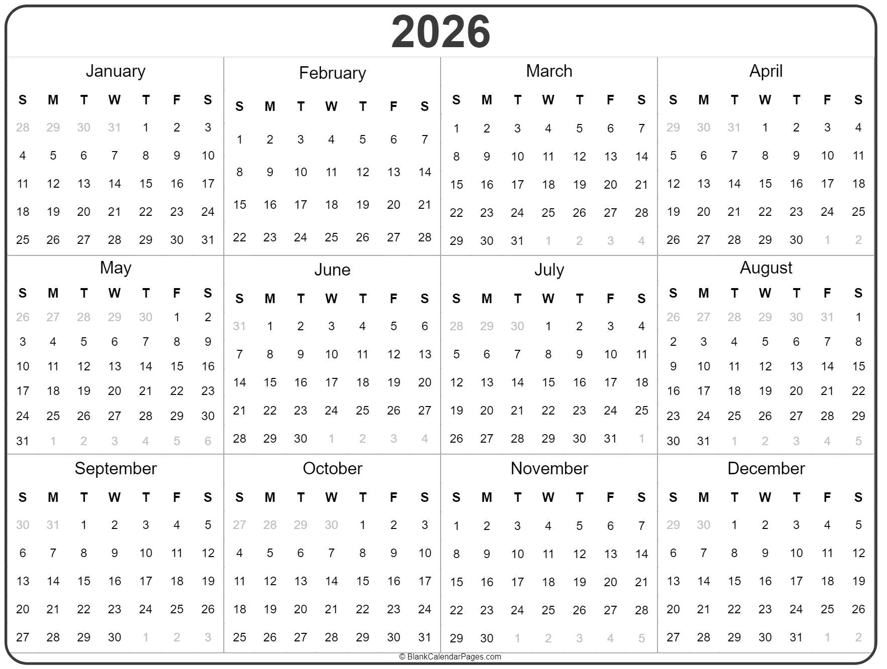 2026 Blank Printable Calendar With Holidays