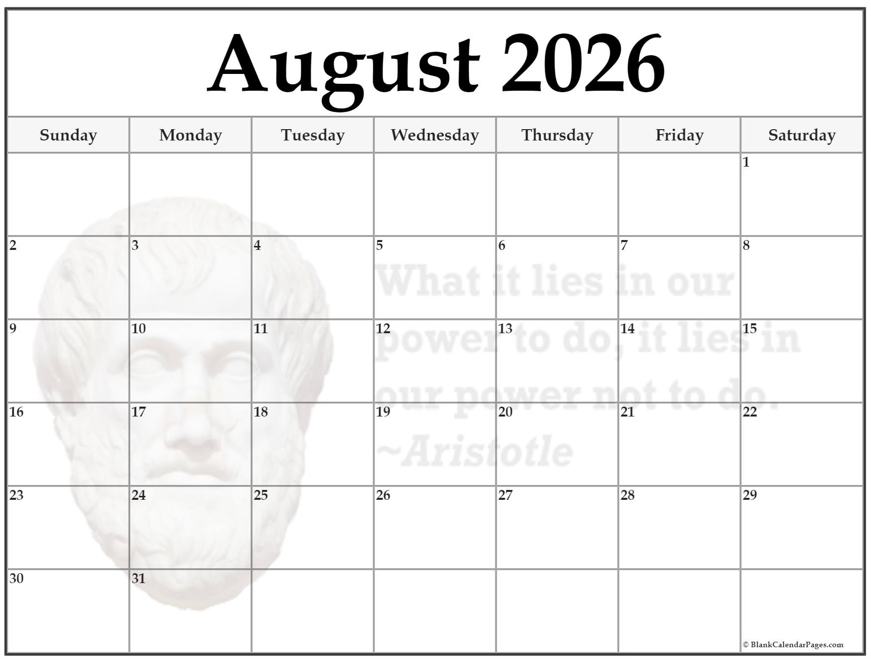 Blank Calendar 2026 August Printable
