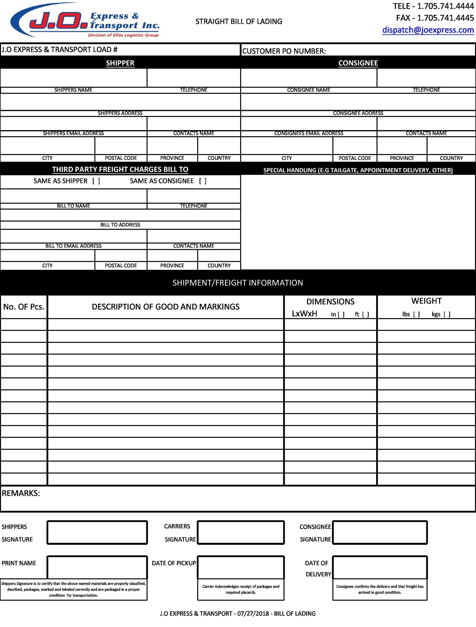 Blank Bill Of Lading Template Printable