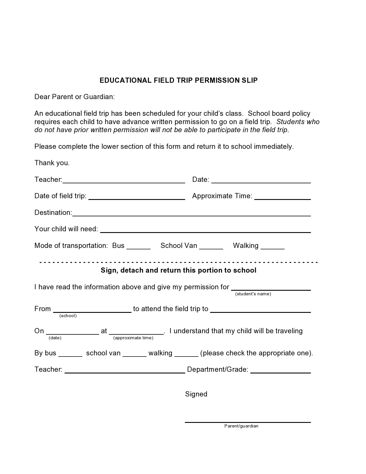 Field Trip Blank Printable Form