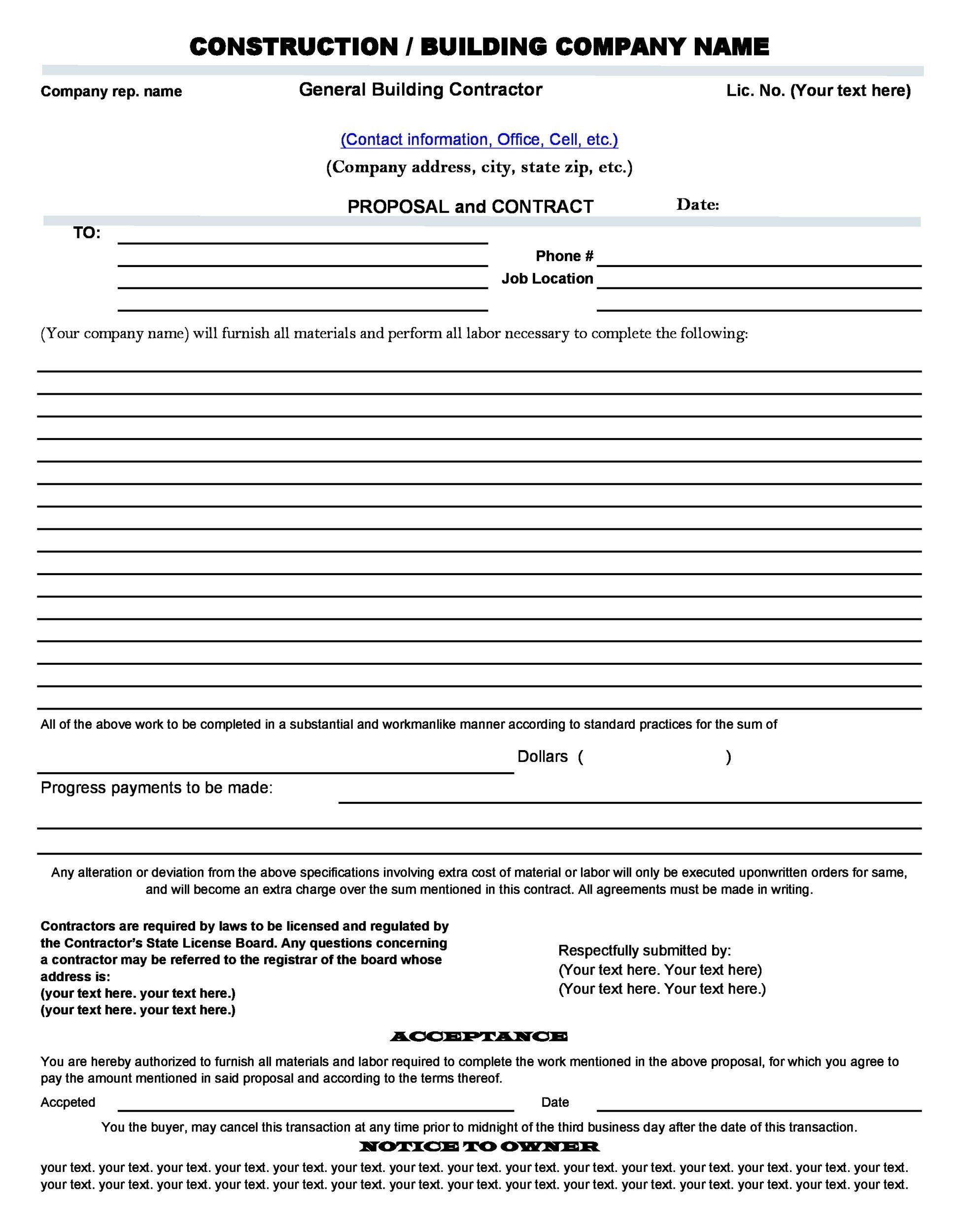 Blank Free Printable Contractor Bid Forms