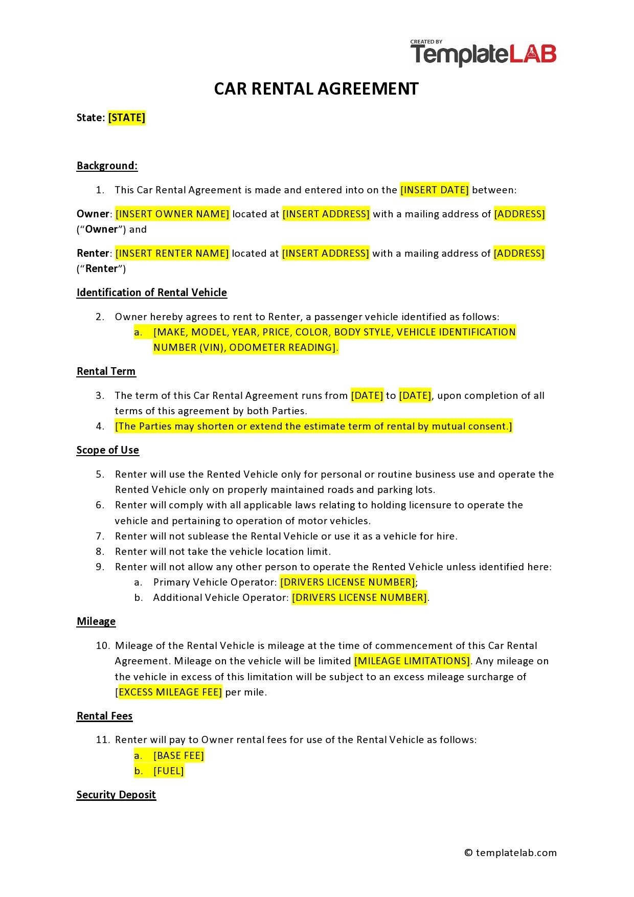 Blank Printable Car Rental Agreement Form