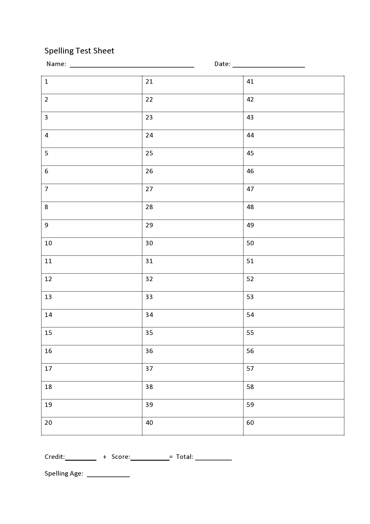 Blank Printable Spelling List Worksheet