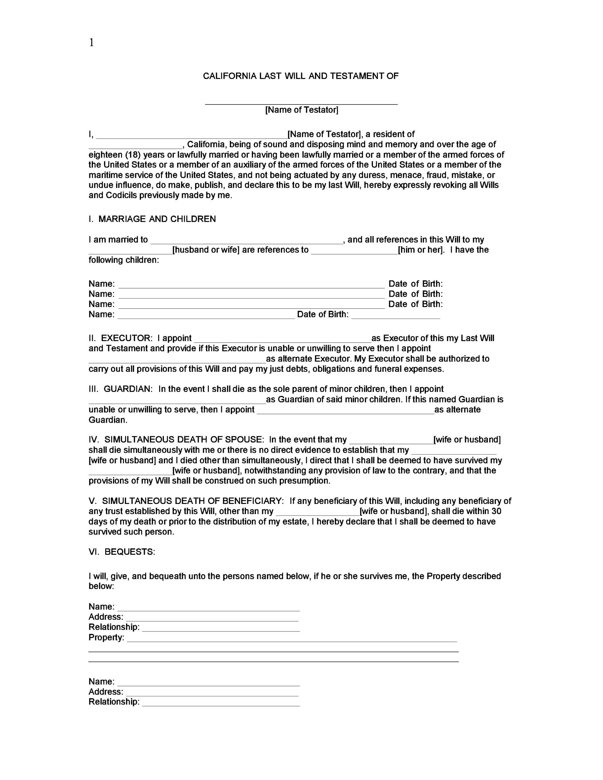 Blank Will Forms Free Printable