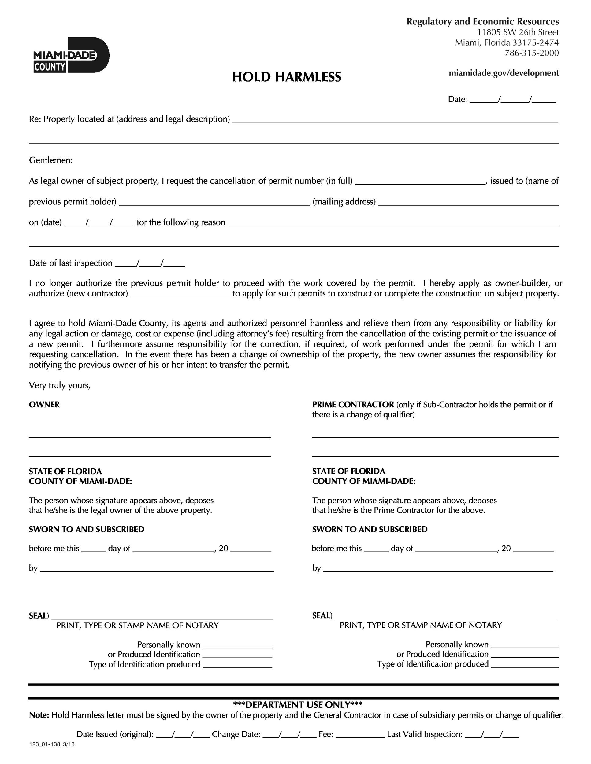 Printable Blank Hold Harmless Agreement