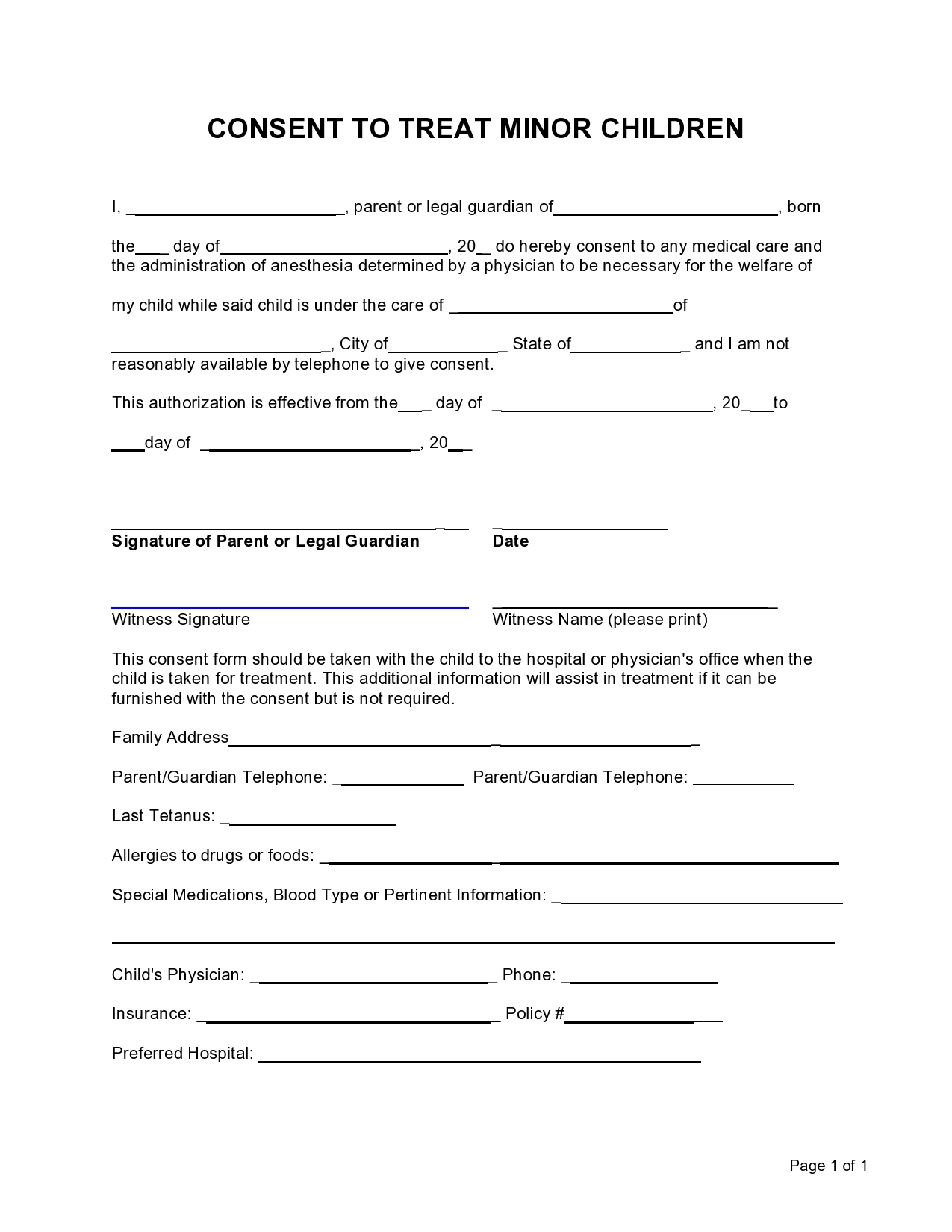 43 Printable Medical Consent Forms For Minor Free 