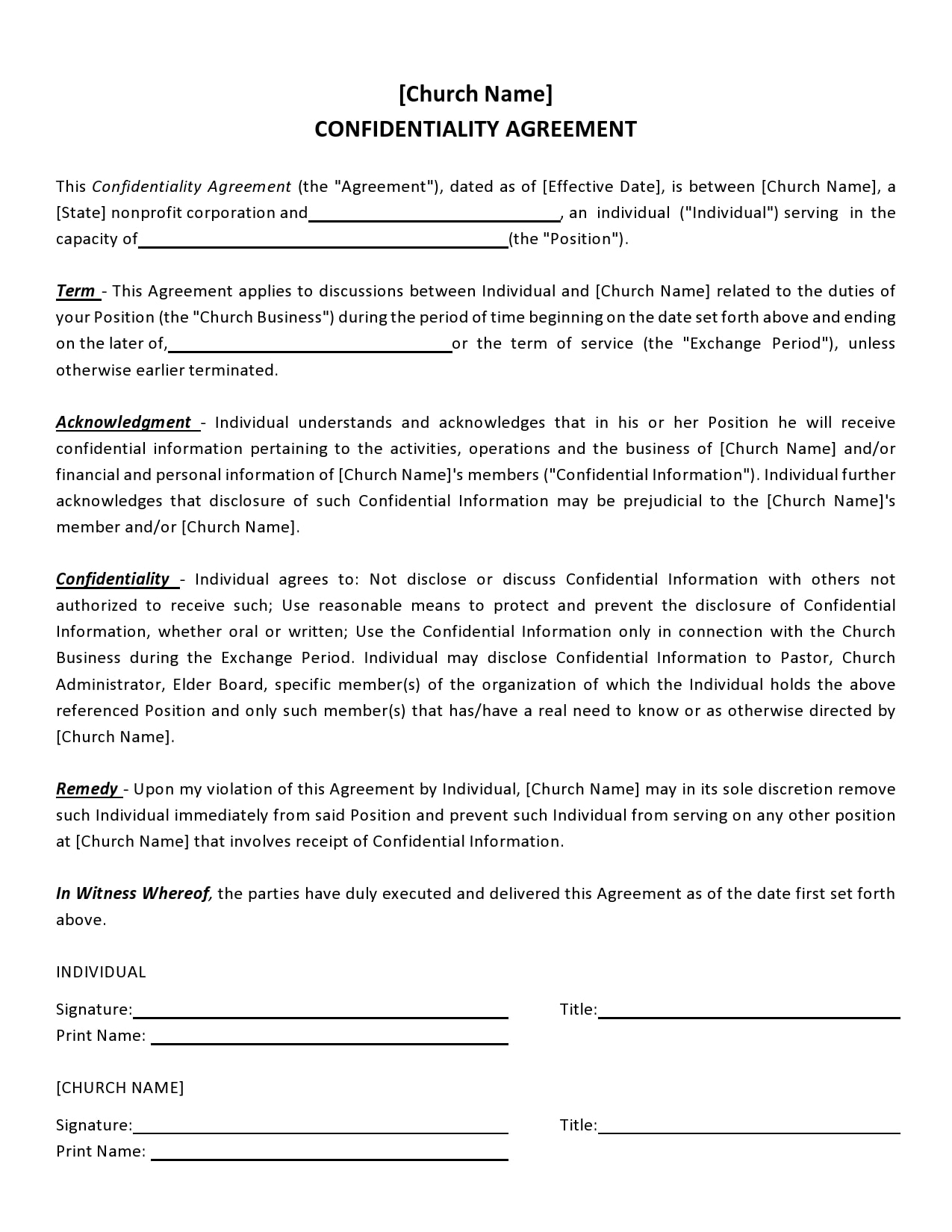 Printable Blank Confidentiality Agreement
