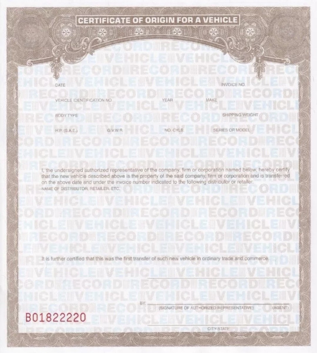 50 BLANK Certificate Of Origin MSO MCO Form Bikes Trikes Trailers Dune Buggies EBay