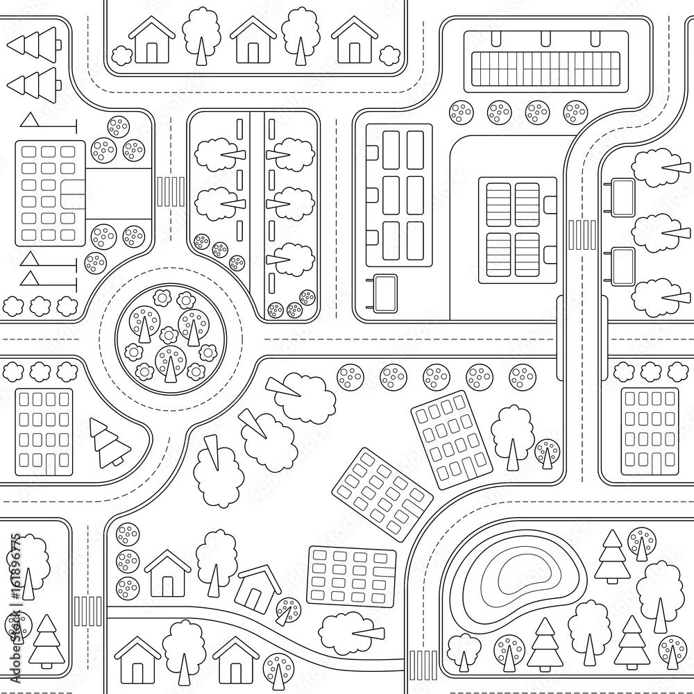 Abstract Seamless Vector Background Pattern Wallpaper Backdrop With Houses Roads Trees Urbanistic Landscape Plan City Town Map Template For Web Design Printing On Fabric Textiles Clothing Stock Vector Adobe Stock