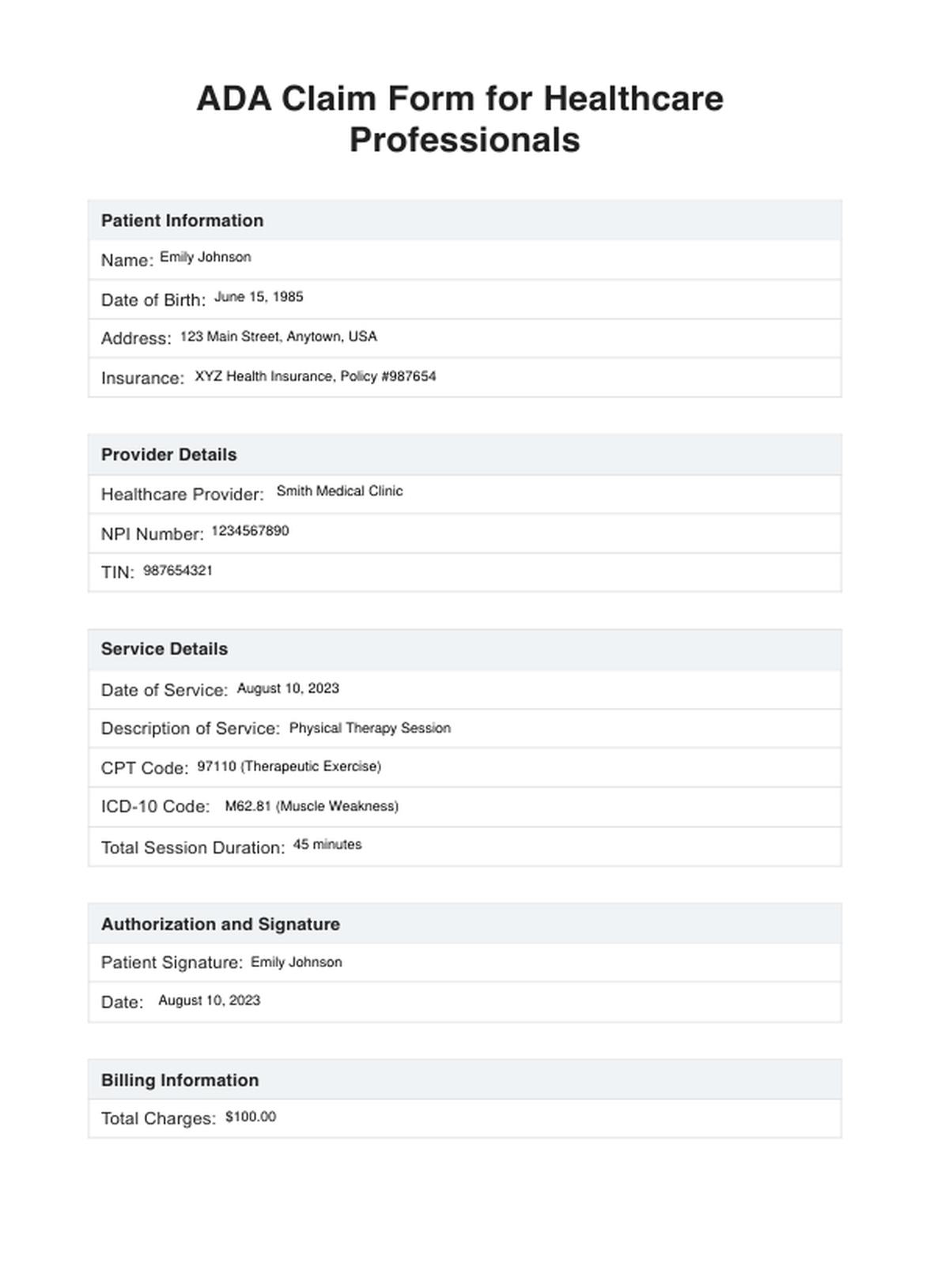ADA Claim Form Example Free PDF Download