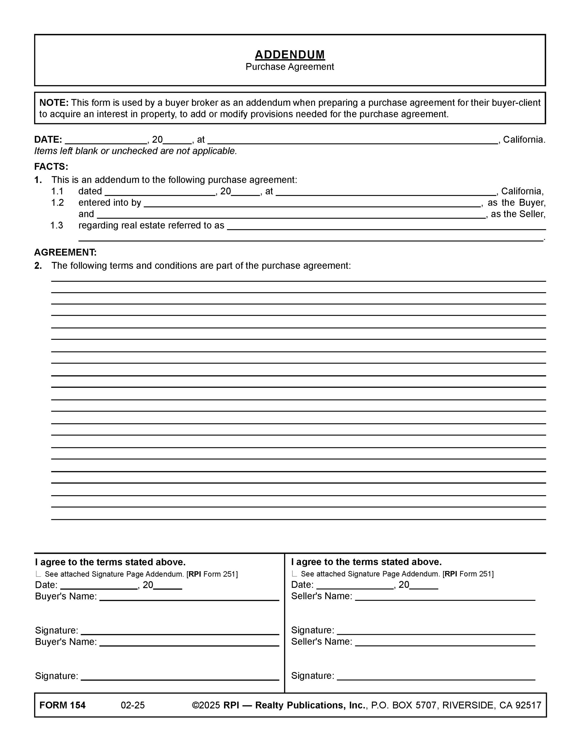 Addendum Purchase Agreement RPI Form 154 Firsttuesday Journal