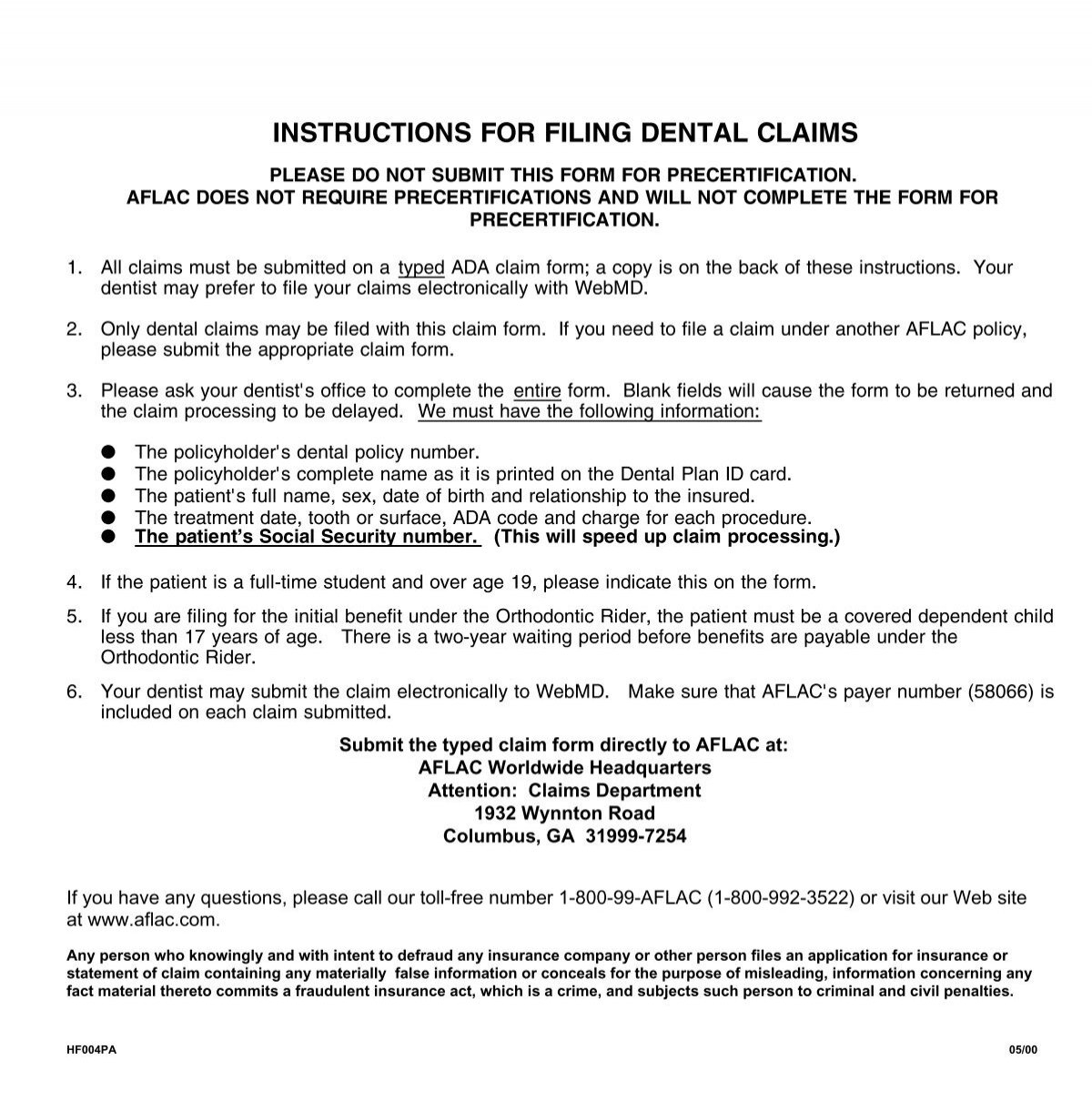 Blank Printable Ada Dental Claim Form