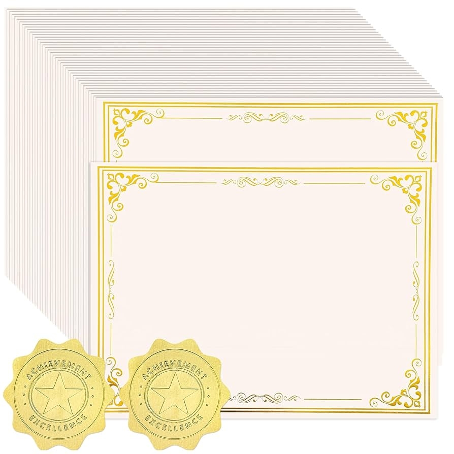 Amazon 100 Sheets Certificate Paper With 100 Pcs Gold Seal Stickers 8 5 11 Printable Award Certificates For Graduation Marriage Business Awards Employee Recognition Teacher Appreciation Certificates Office Products