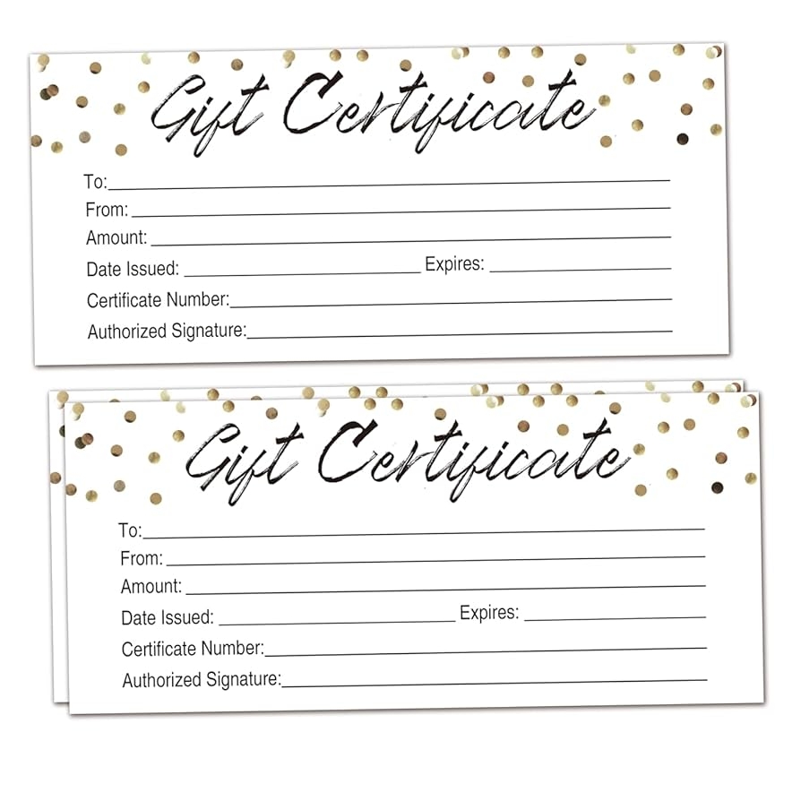 Amazon 25 Gold Dots Blank Gift Certificates For Small Business Clients Or As Luxury Holiday Vouchers Massage Hair Nail Salon Spa DIY Coupon Cards For Birthday Him Her 