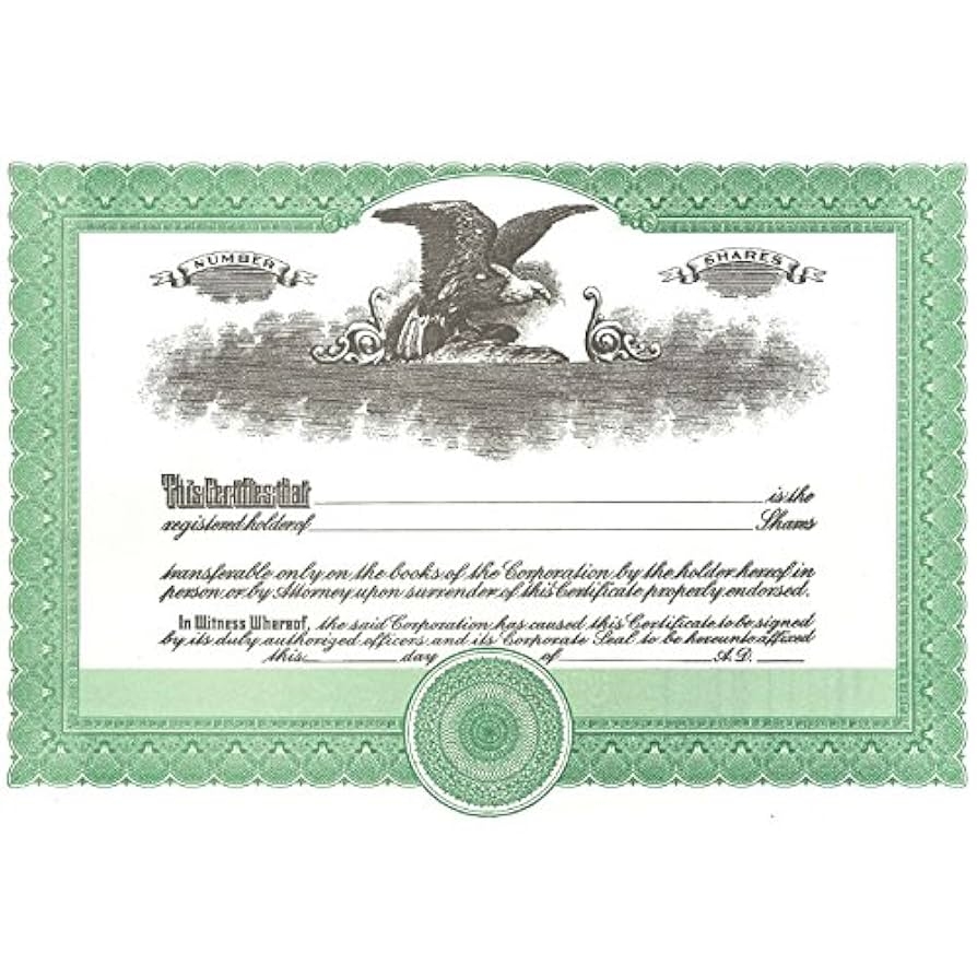 Amazon Short Form Green Stock Certificate Blank Corporate Stock Certificates Size 8 1 2 X 11 Printable Laser Or Ink Jet Compatiable Pack Of 25 Office Products