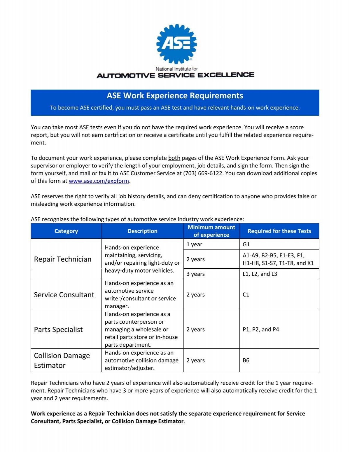ASE Work Experience Reporting Form