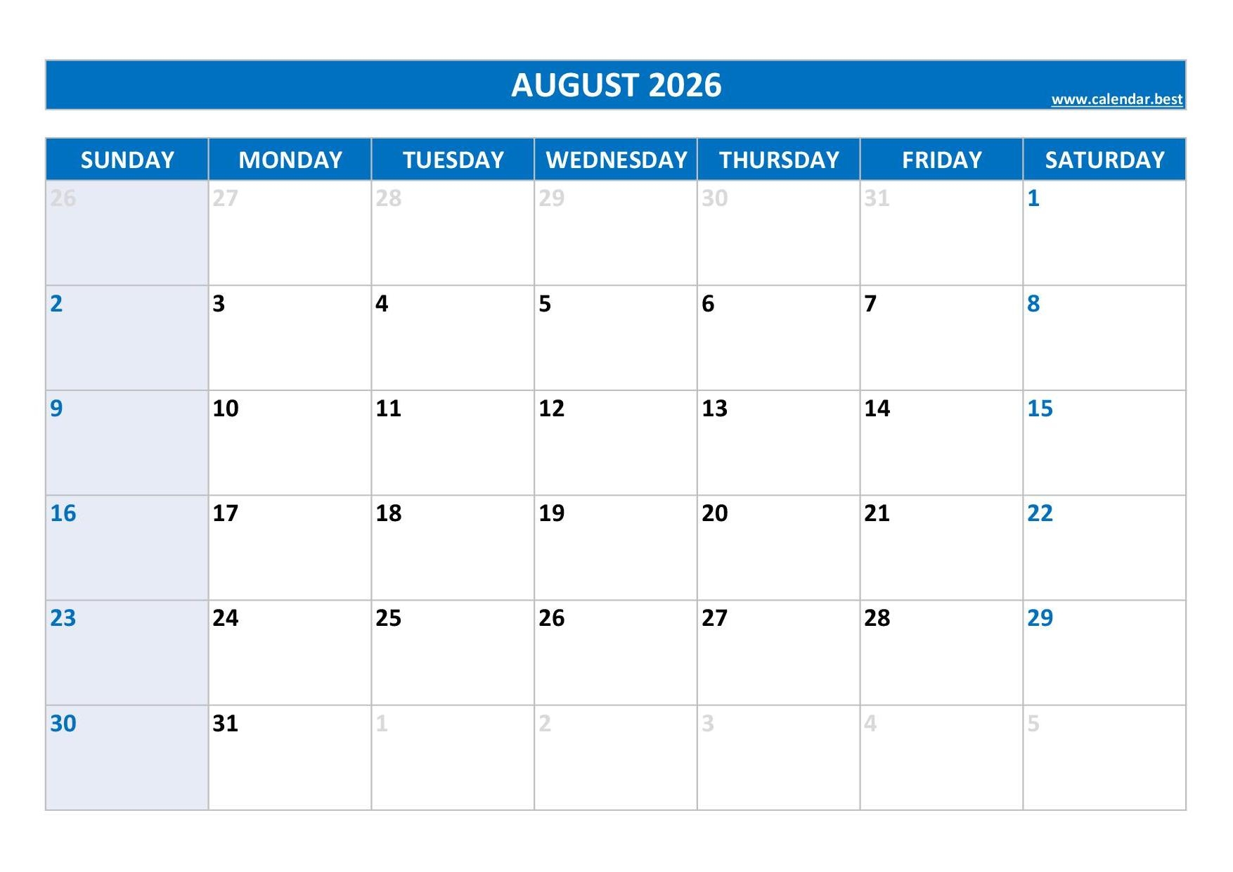 Blank Calendar For August 2026 Printable
