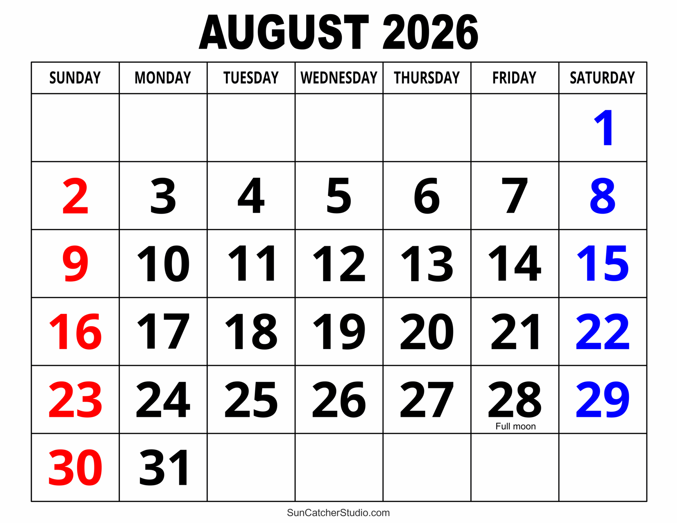 Blank Calendar August 2026 Printable