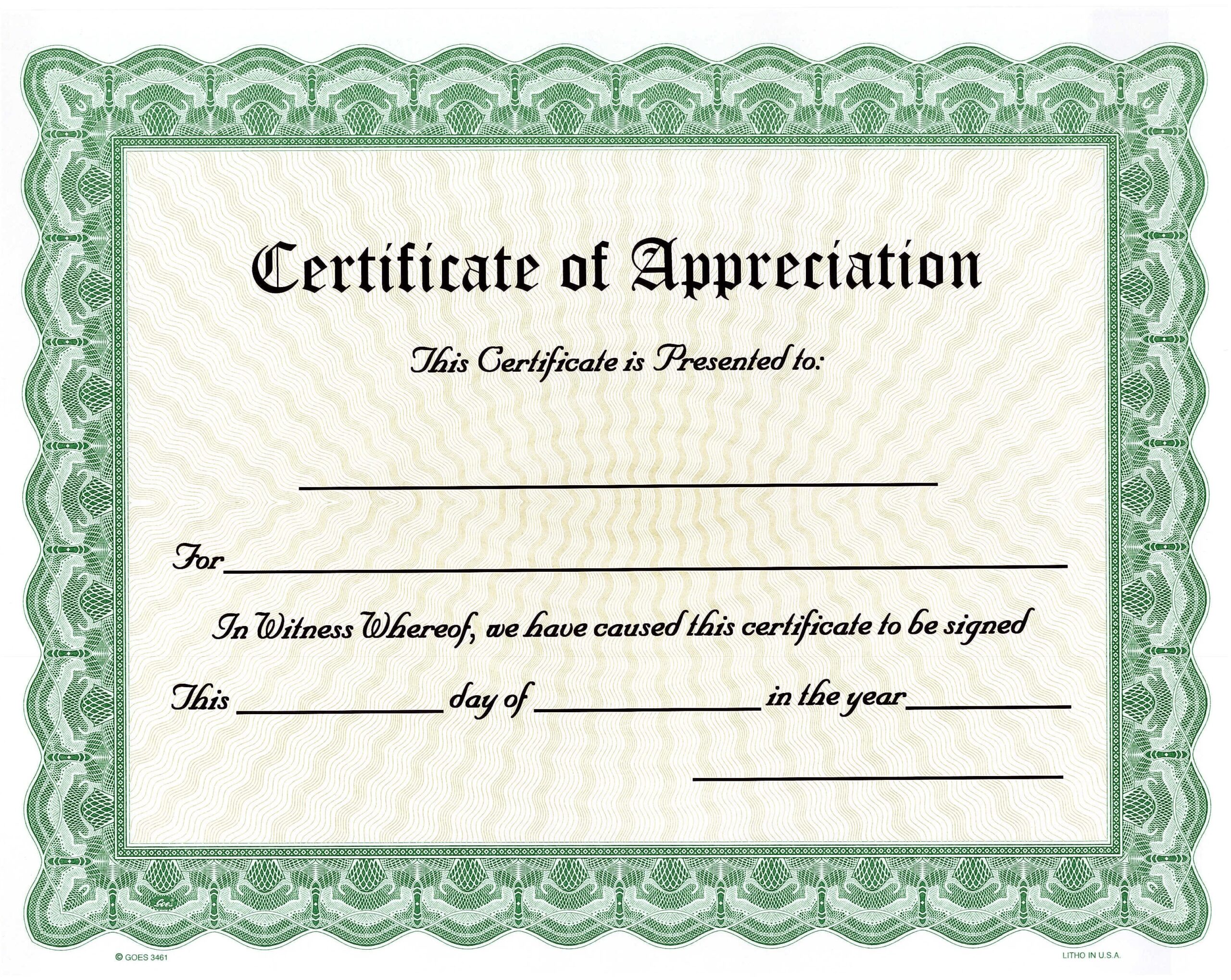 Blank Appreciation Certificate Award Goes 3461 Green Border
